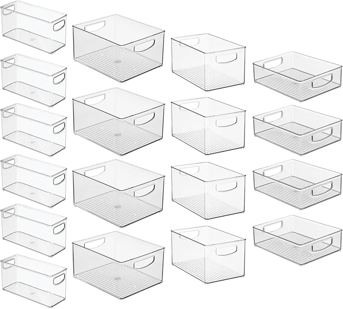 iDesign Stackable Plastic Handle Bin Storage Organizers, 18 Pack, Clear | For Kitchen, Fridge, Pantry, Home, Assortment Set