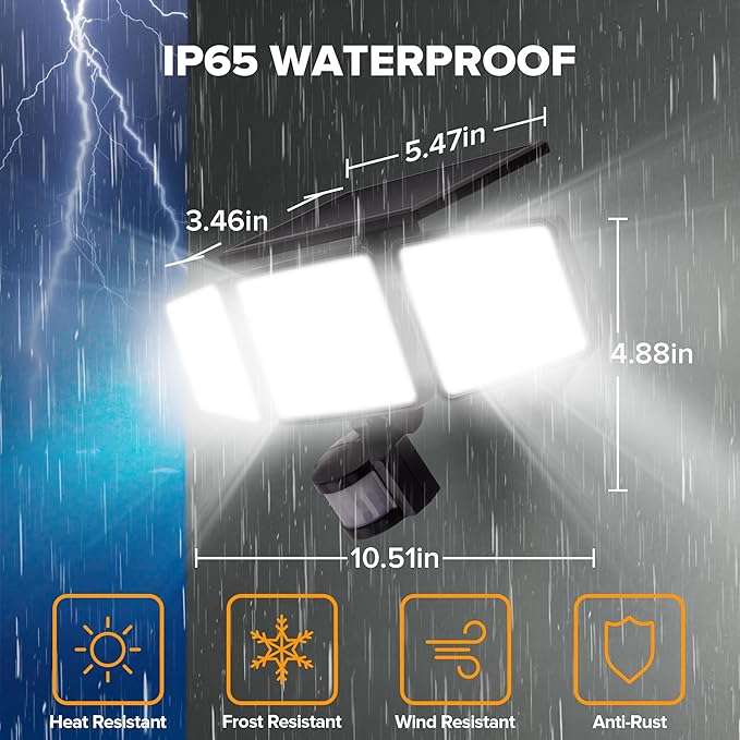 UME Solar Outdoor Lights 302 LED 3000LM, IP65 Waterproof Motion Sensor Outdoor Lights, 3 Heads Solar Security Flood Lights 270 Wide Lighting Angle with 3 Modes for Garden Patio Yard - 6 Pack