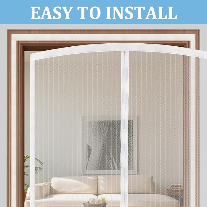 Magnetic Screen Door - Self Sealing, Heavy Duty, Hands Free Mesh Partition Keeps Bugs Out Let Breeze in- Pet and Kid Friendly - Keep Open Feature (White, Fit Door Size 32 x 80 Inch)