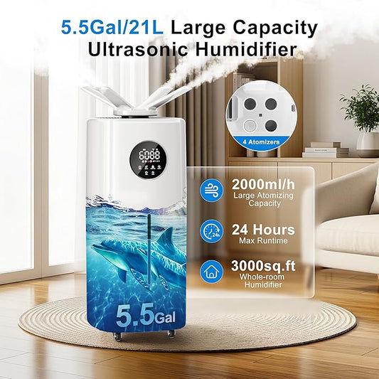 Uthfy 5.5Gal/21L Humidifier for Large Room 3000sq.ft, 2000ml/h Dual 360° Nozzles Ultrasonic, Whole House Humidifiers,4 Atomizing Plates, Top Fill, 12H Timer, Remote/Touch Control