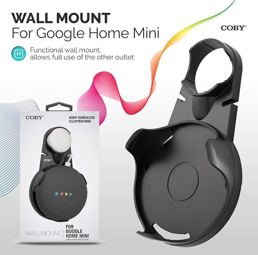 Coby Wall-Outlet Mount Smart Speaker Holder with Cord Holder & Cable Management, Wall Shelf for Google Nest Mini 2nd Gen & Google Home Mini 1st Gen, No Screw Plug Bracket, Black