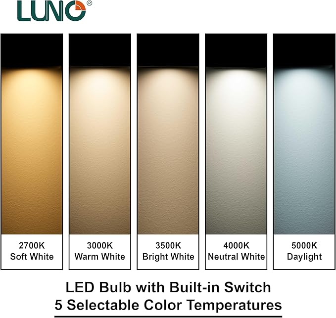 LUNO A19 Dimmable LED Bulb, 6W (40W Equivalent), 480 Lumens, 2700K, 3000K, 3500K, 4000K, 5000K, Color Selectable, 5CCT, UL Listed (4-Pack)