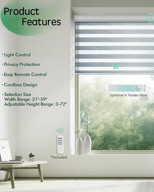 Yoolax Motorized Zebra Blinds, Remote Zebra Shades for Indoor Windows, Motorized Shades with Remote Light Control Horizontal Window Blinds Custom Size(80% Shading Luxury Grey)