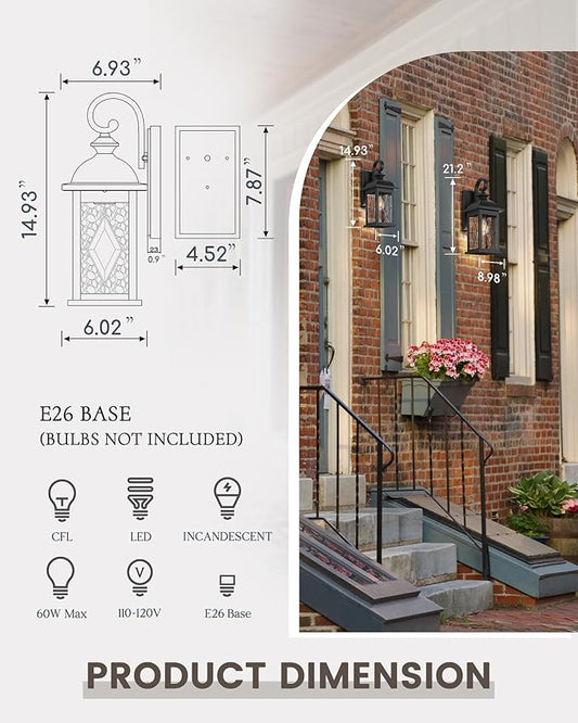 FEMILA Outdoor Wall Light Fixture,1-Light Exterior Waterproof Wall Sconce, Front Porch Lights, Matte Black Finish with Water Ripple Glass, UL Listed, 4FD54B BK-SD