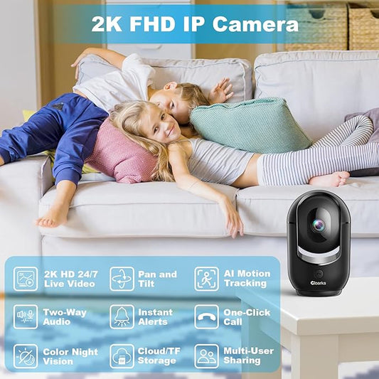 Cloarks 2K Pan/Tilt Security Camera, WiFi Indoor Cameras for Home Security with AI Motion Detection, Pet/Dog/Baby Camera with Phone App, 2-Way Audio, 24/7, Siren, TF/Cloud Storage,Black