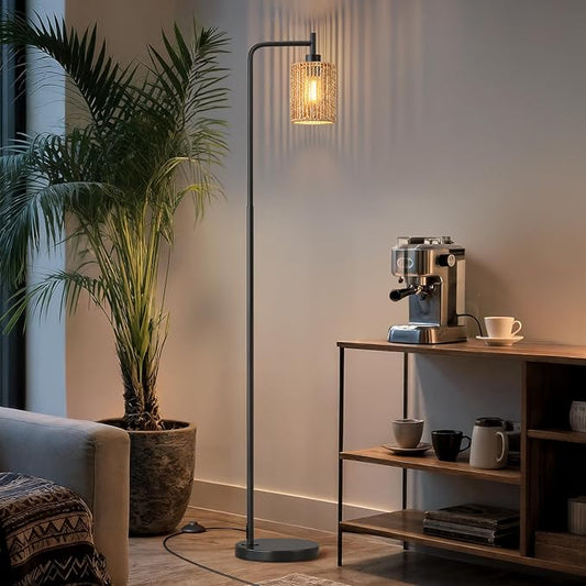 Oneach 66" Black Floor Lamp for Living Room, Boho Floor Lamp with LED Bulb, Rattan Shade, Foot Switch, Industrial Tall Standing Lamp for Bedroom, Dining Room, Study Room, Office