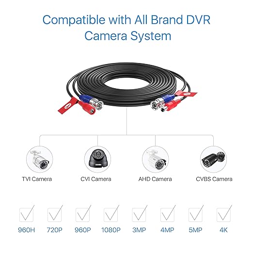 ZOSI 4 Pack 16ft(5 Meters) All-in-One Video Power Cables,BNC Extension Surveillance Camera Cables for 4K 8MP 5MP 1080P CCTV Security DVR System,4 x BNC & RCA Connectors and 100pcs Cable Clips