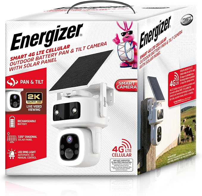 Energizer Smart 4G LTE Cellular Security Camera with Solar Panel, 2K Outdoor Wireless Pan Tilt Camera, No WiFi Required, Rechargeable Battery, Color Night Vision, Motion Detection, White