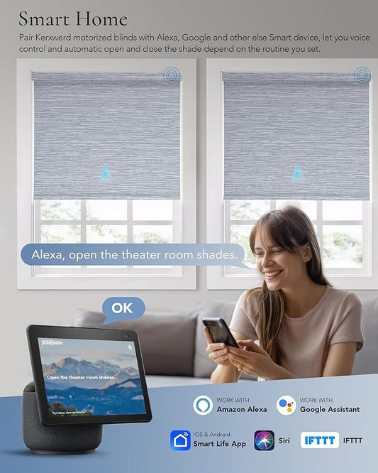 Motorized Blinds Compatible with Alexa Google Custom to 108" Width 100% Blackout Smart Blind Automatic Large Window Roller Shades Remote Control Striped Grey