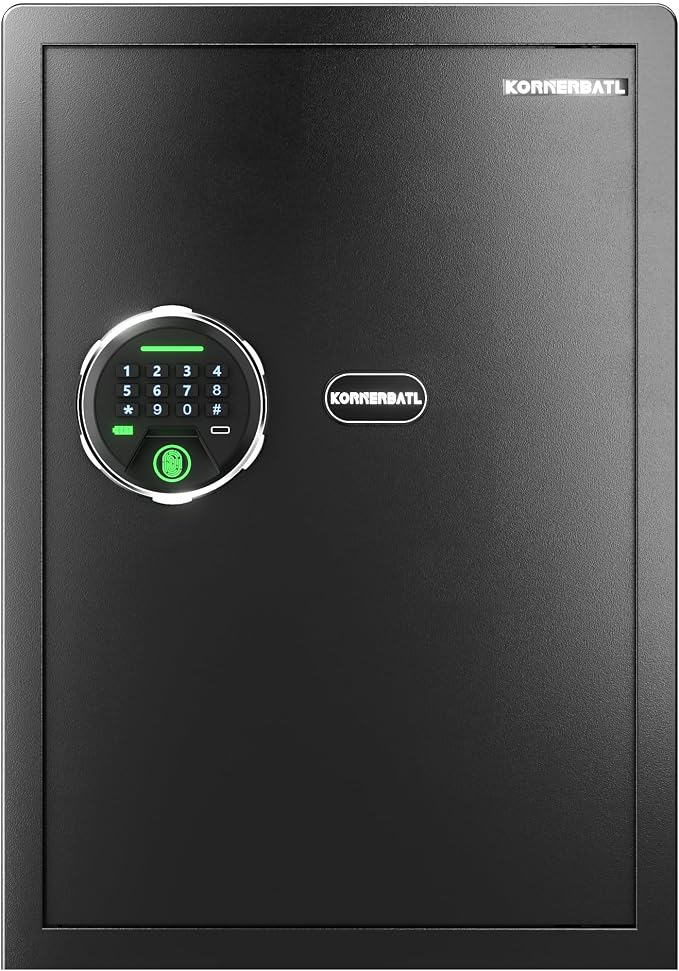 KornerBatl 35 lb Biometric Gun Safe, 4 Handgun Storage with Rack | 30 Fingerprint Storage, PIN Code Entry, Backlit Keypad, Quiet Access, LED Light, Emergency Keys, 2.03 cu. ft. Capacity
