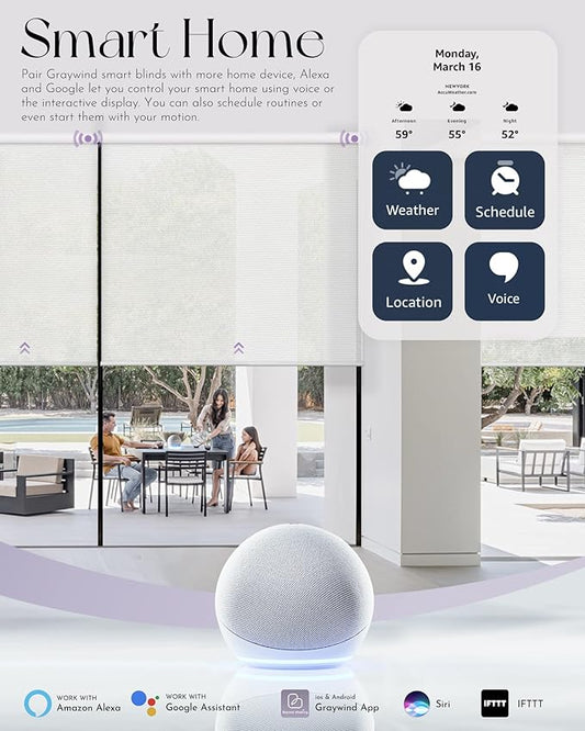 Graywind Motorized Solar Shades Compatible with Alexa Google Hardwired WiFi Smart Light Filtering Blind Remote Control Automated Blinds Electric Window Shade, Custom Size (5% Openness Grey)