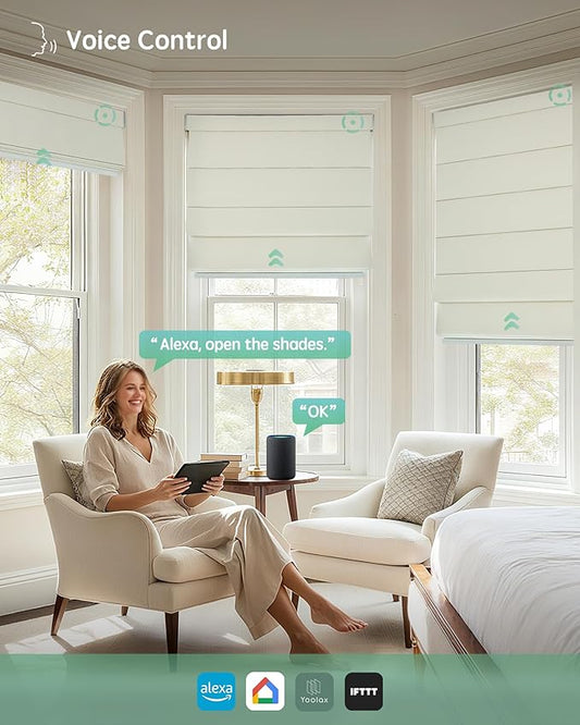 Yoolax Motorized Roman Shades with Remote, Smart Roman Shades for Indoor Windows, Blackout Automatic Blinds Work with Alexa, Google, Apple Homekit for Living Room Bedroom, Customized (Woven Beige)