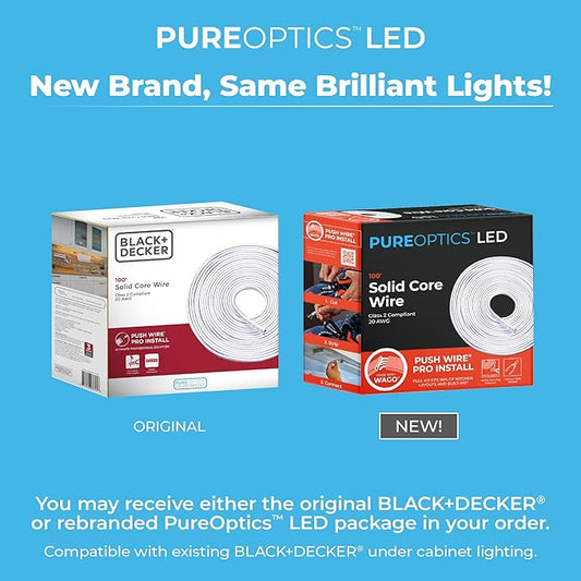 PureOptics LED Professional Push Wire 100' Jumper Wire Spool for Under Cabinet Lighting, Flat 5/6" or 8mm Cable, 4-Core CL2 Compliant, Non-Metallic, White