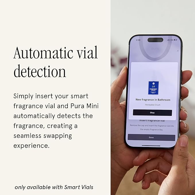 Pura Mini Smart Fragrance Diffuser for Small Spaces Adjustable Smart Home Device with LED Light & Automatic Vial Detection - Includes 1 Scent Refill - White Tea no.1