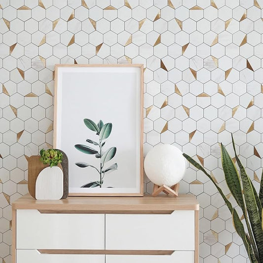 10-Sheet Hexagon Peel and Stick Backsplash Tile,12x12 inches Carla White Mixed Metal 3D PVC Wall Tiles Stick on Backsplash for Kitchen and Bathroom