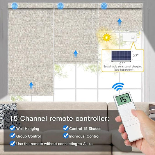 Tokblind Motorized Blackout Roller Shade Fabric Covered Valance and Bottom Rod, Remote Control Electric Window Blind Compatible with Alexa Google via Hub, Custom Size (Beige - Wrapped Fabric)