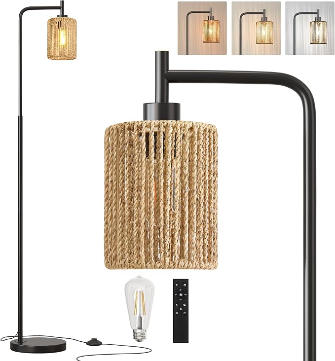 Oneach 66" Black Floor Lamp for Living Room, Boho Floor Lamp with Remote Control and LED Bulb, Rattan Shade, Industrial Tall Farmhouse Standing Lamp for Bedroom, Dining Room, Study Room, Office