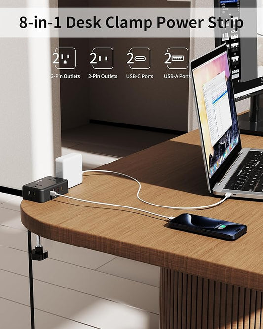 HOPOW Desk Clamp Power Strip, Desktop Mount Charging Station with 4 Outlets 4 USB Ports (2 USB C), 6Ft Under Desk Power Strip, Fits 2.75" Tabletop Edge, Extension Cord for Home Office, Black