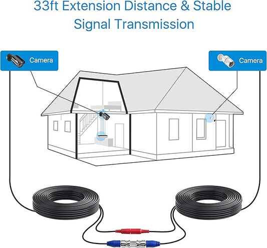ZOSI 2 Pack 33ft (10 Meters) All-in-one Video Power Cable,BNC Extension Surveillance Camera Cables for CCTV Video Security DVR Systems (Included 2X BNC Connectors and 2X RCA Adapters)