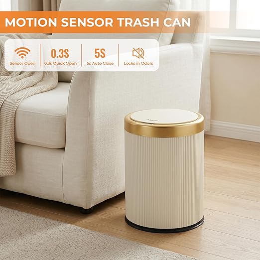 Pukomc Bathroom Trash Can with Lid,3.5 Gallon Motion Sensor Waterproof Touchless Garbage Can, Smart Plastic Trash Bins Suitable for Kitchen, Bathroom, Bedroom, Living Room, Office Beige