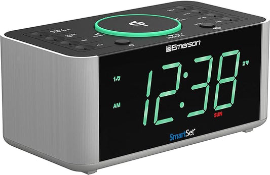 Emerson ER100202 Smartset Dual Alarm Clock Radio with USB Port and QI Wireless Phone Charger with Bluetooth, All Qi Compatible Phones