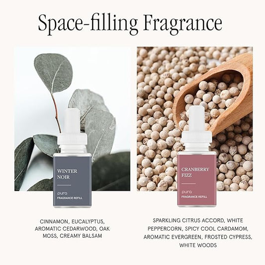 Pura Smart Home Fragrance Device Starter Set - Pura 4 - Scent Diffuser for Home - Includes Fragrance Aroma Diffuser - Square Box, Winter Noir and Cranberry Fizz Scent Refills