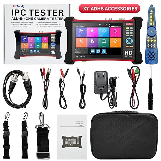 Rsrteng X7-ADHS CCTV Camera Tester 8K 32MP IP Camera Test 7-inch IPS Touch Screen Monitor CCTV Tester with HD TVI/CVI/AHD/SDI/CVBS/Support POE WiFi HD 8GB TF Card