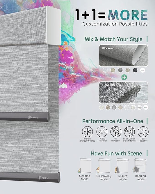 Yoolax Smart Dual Roller Shades, Motorized Blinds with Remote Smart Blinds Compatible with Alexa, Automatic Dual Shades for Windows Bedroom Living Room (Foggy Grey)