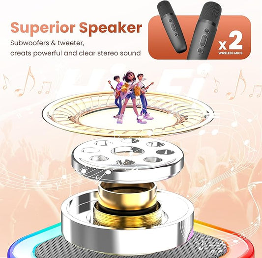 Mini Karaoke Machine for Kids Adults, 2026 TOP Birthday Gifts for Girls Boys 3,4,5,6,7,8+Year Old Toddler Toys, Portable Bluetooth Speaker with 2 Wireless Karaoke Microphones Player (Grey)