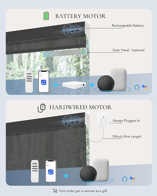 Smart Shades Compatible with Alexa Google Custom to 115" Width Light Filtering Motorized Blinds Automatic Large Window Roller Shade Remote Control 30% Blackout Peacock Black