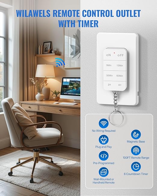 Remote Control Outlet with Timer, WILAWELS Indoor Outlet Timer with Remote, 100FT Wireless Control Range, 15A/1875W, Remote Outlet Switch Countdown Time for Household Appliances W13RC1106