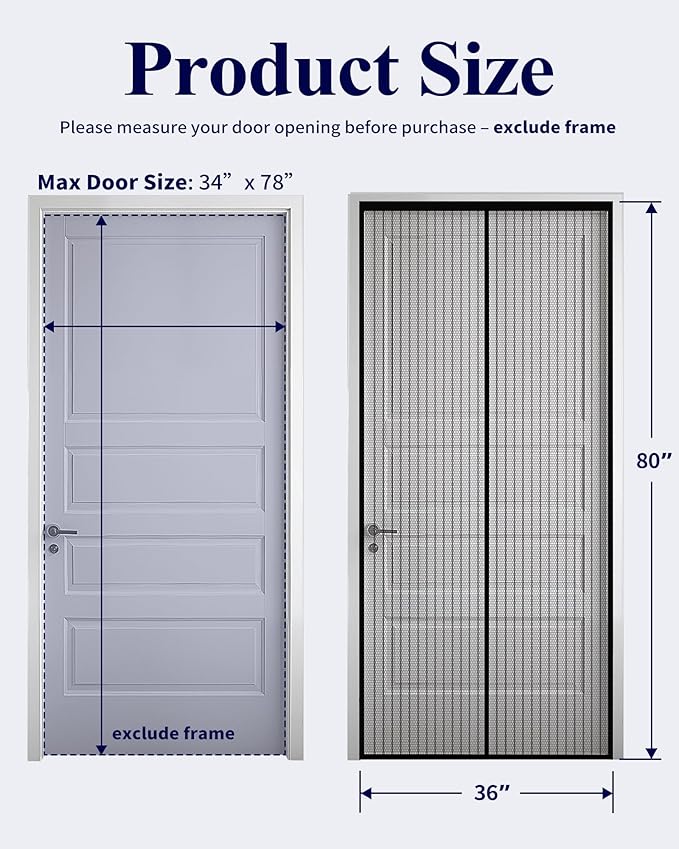 Kitsure Magnetic Screen Door - 36.0 x 80.0 in Retractable Screen Door Mesh for Front Door or Sliding Door, Pet & Kid Friendly, Hands-Free Closure Keeps Bugs Out & Lets Breeze in, Stripe Black