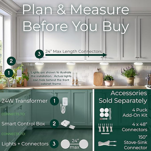 4 Puck Kit - Super Bright Wide Angle Light Spread - Smart Under Cabinet Lighting - 2700K-6500K - 95 CRI - WWA - Works With Alexa, Google, Apple - Matter Certified - Plug-In - Hands-Free Control Box