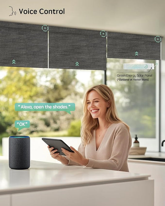Yoolax Motorized Blinds with Remote, Designer Smart Blinds Work with Alexa, Google, Apple Homekit, 100% Blackout Motorized Shades Custom Electric Shades Voice Control (V-Canyon Black Brown)
