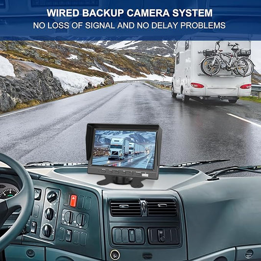 Dual RV Backup Camera 7 Inch 4K Display Screen Loop Recording Voice Control System IP68 Infrared Night Rear View Camera Wired Kit RV Trucks Tractors Car Videorecorders (12-24V)