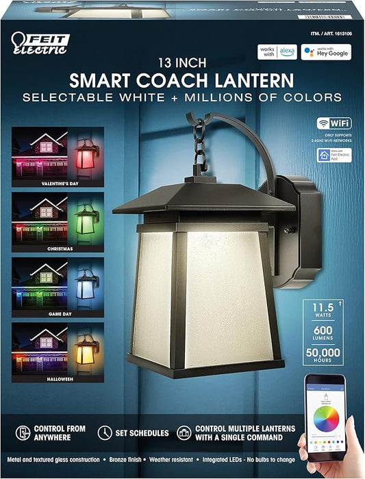 Feit Electric 13 Inch Smart WiFi LED Coach Lantern RGBW Compatible with Alexa and Hey Google