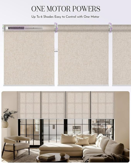 Graywind Smart Coupled Roller Shades Compatible with Alexa Google Custom Size Extra Large Motorized Blinds for Windows(Linen Beige)