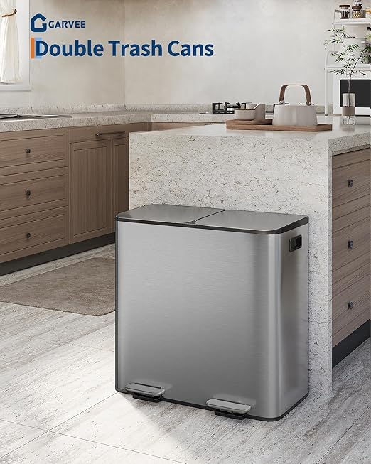 Garvee Double Trash Can, 2 x 10.6 gal (2 x 40 L) Garbage Can for Kitchen Dual Compartment Recycling Kitchen Step Trash Bin, Stainless Steel Trash and Recycle Bin Combo with Soft-Close Lid,Matte Grey