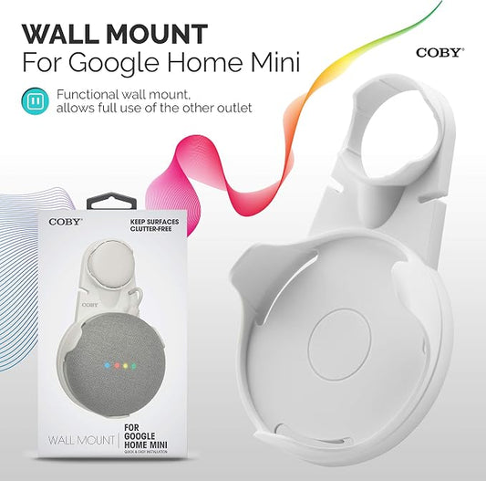Coby Wall-Outlet Smart Speaker Mount, Outlet Shelf with Cable Management, No-Screw Holder Compatible with Google Home Mini 1st & 2nd Gen, Space-Saving Wall Mount, White