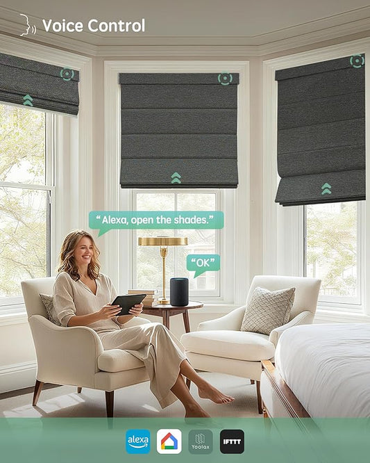 Yoolax Motorized Roman Shades with Remote, Smart Roman Shades for Windows, Blackout Automatic Blinds Work with Alexa, Google Home, Apple Homekit for Living Room Bedroom, Customized (Rock Stripe)