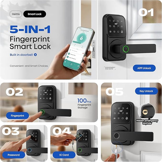 Smart Door Handle Lock, Heittis Fingerprint Smart Lock with Touchscreen Keypad - Keyless Biometric Deadbolt Door Knob for Front Door, Bedroom, Interior or Exterior Use (Black, App Control)