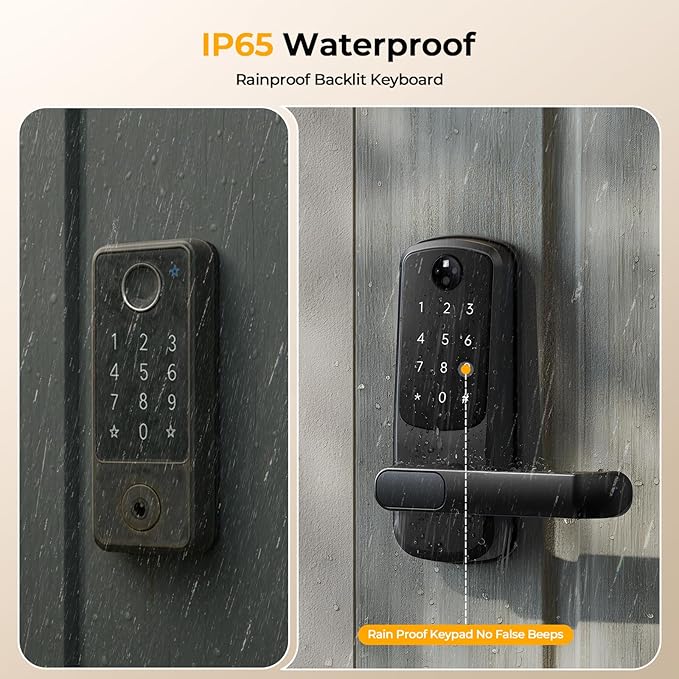 Smart Door Lock with Palm Vein Recognition, Camcamp Keyless Entry Door Lock with Handle for Front Door, Auto Lock, Backlit Keypad, IP65 Waterproof, DIY Installation