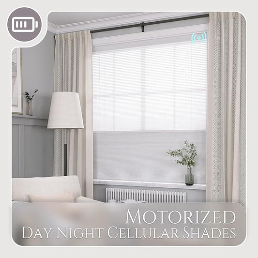 Motorized Day Night Cellular Shades, Smart Electric Double Honeycomb Blinds with Remote, Blackout and Light Filtering Fabric, Automatic Cellular Blinds for Home and Office Indoor Windows