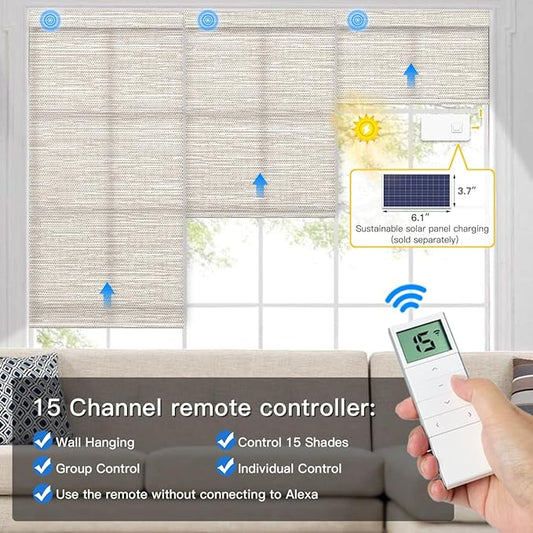 Tokblind Motorized Light Filtering Roller Shade Fabric Covered Valance and Bottom Rod, Remote Control Electric Window Blind Work with Alexa via Hub, Custom Size (Texture Light Coffee - Wrapped Fabric)