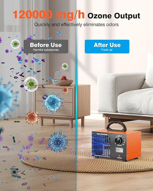 Ozone Generator - 120,000 mg/h Ozone Generator for Large Spaces up to 5000 Sq.Ft, Air Purifier with Temp & Humidity Display, 120-Min Timer, Ozone Machine for Cars, Homes, Hotels, Kitchens & Pet Areas