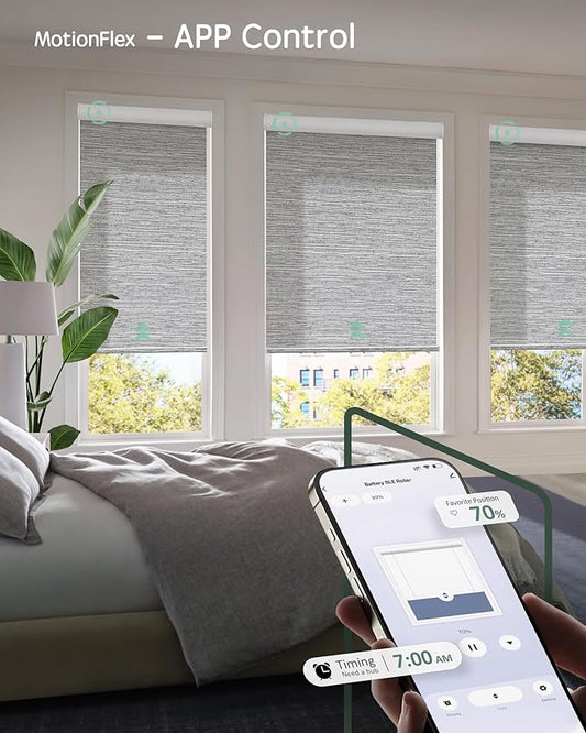 Yoolax Motorized Shades Dual Control, MotionFlex Motorized Roller Shades with App & Manual Control, Pull Down Automatic Shades for Indoor Windows, Custom Size(Light Filtering Foggy Gray)