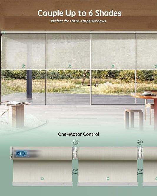 Yoolax Smart Coupled Solar Shades Compatible with Alexa, Motorized Blinds with Remote Flame Retardant Coupled Roller Shades for X-Large Windows, Custom Size (XL - 3% Openness Beige)