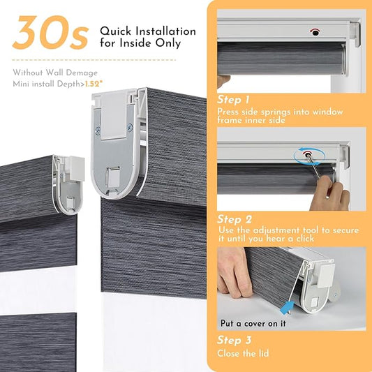 Persilux Motorized No Drill Zebra Smart Shades with Remote Smart Alexa Zebra Blinds for Indoor Windows Light Filtering, Dual Layer,Custom Sizes,Bella Dark Gray,RS20287-11