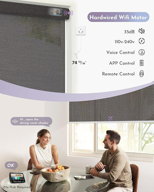 Graywind Motorized Roller Shades Compatible with Alexa Google Hardwired WiFi Smart Light Filtering Blind Remote Automated Blinds Electric Window Shade, Custom Size (5% Openness Rock Black)