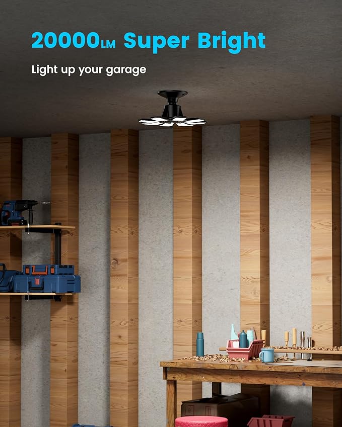 Motion Sensor Garage Lights 2 Pack, 25000LM Motion Activated Shop Light with 8+1 LED Deformable Panels, 360° Detection, Motion Sensor Ceiling Light for Garage, Workshop, Basement, Laundry Room